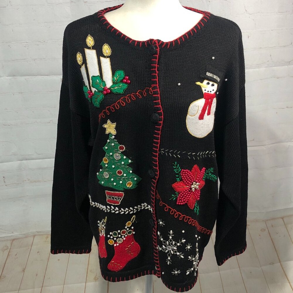Victoria Jones Embroidered Christmas Cardigan Black Beaded Embellishments Size L